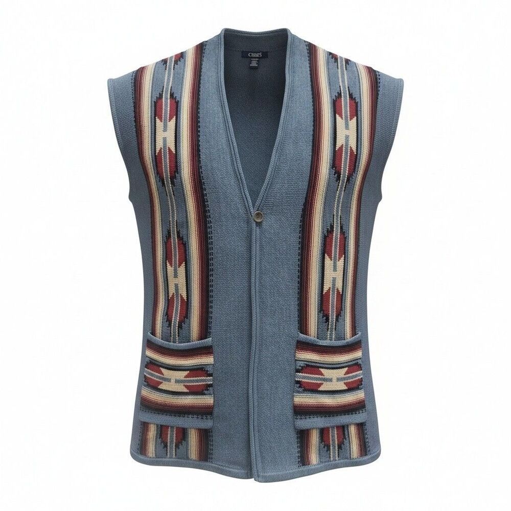 Chaps Denim Boho Western Longline Sweater Vest 1X Aztec Jacquard Knit Festival